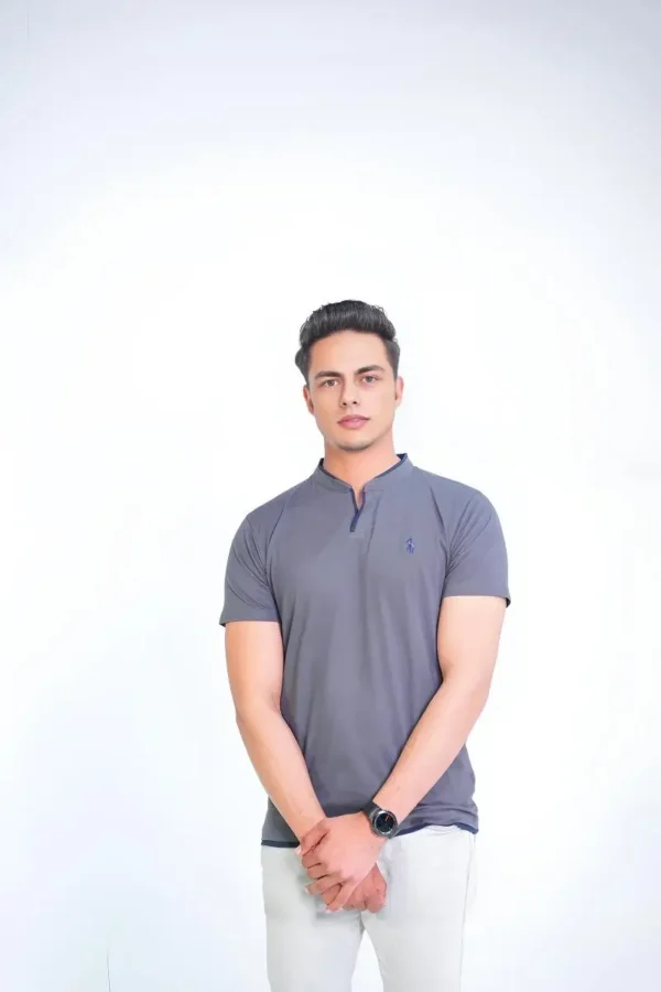 Ban Collar Short Sleeve Polo Shirt-H-Grey